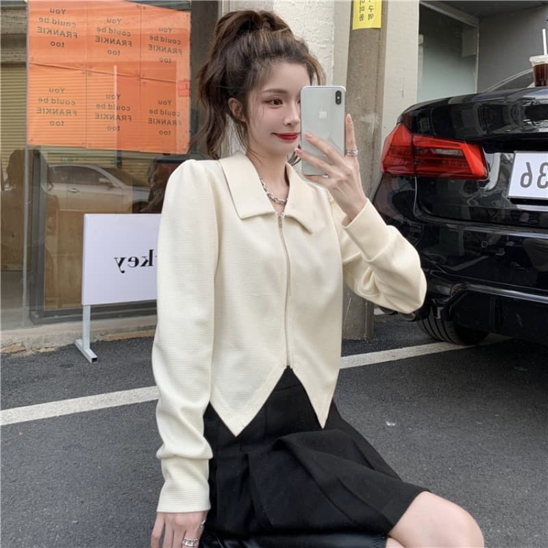 2026 이른 가을 빅 사이즈 여성 의류 후아 남편 그리드 니트 스웨터 불규칙 제비꼬리 폴로 칼라 맨위 이미지 5