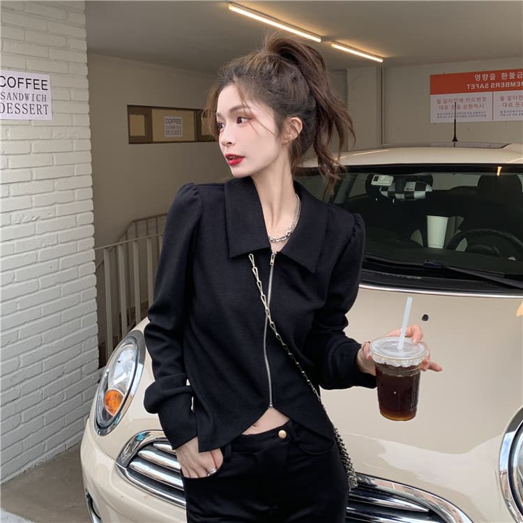 2026 이른 가을 빅 사이즈 여성 의류 후아 남편 그리드 니트 스웨터 불규칙 제비꼬리 폴로 칼라 맨위 상세 이미지 15