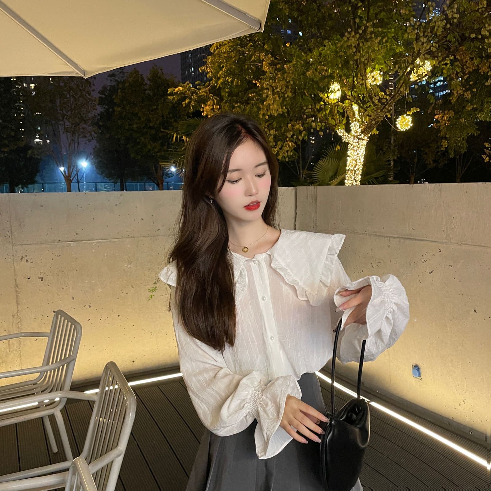 2026 이른 가을 빅 사이즈 여성 의류 프랑스식 베이비 칼라 단색 셔츠 인사이드 가져 가라. 긴팔 셔츠 m-4xl200 근 이미지 2