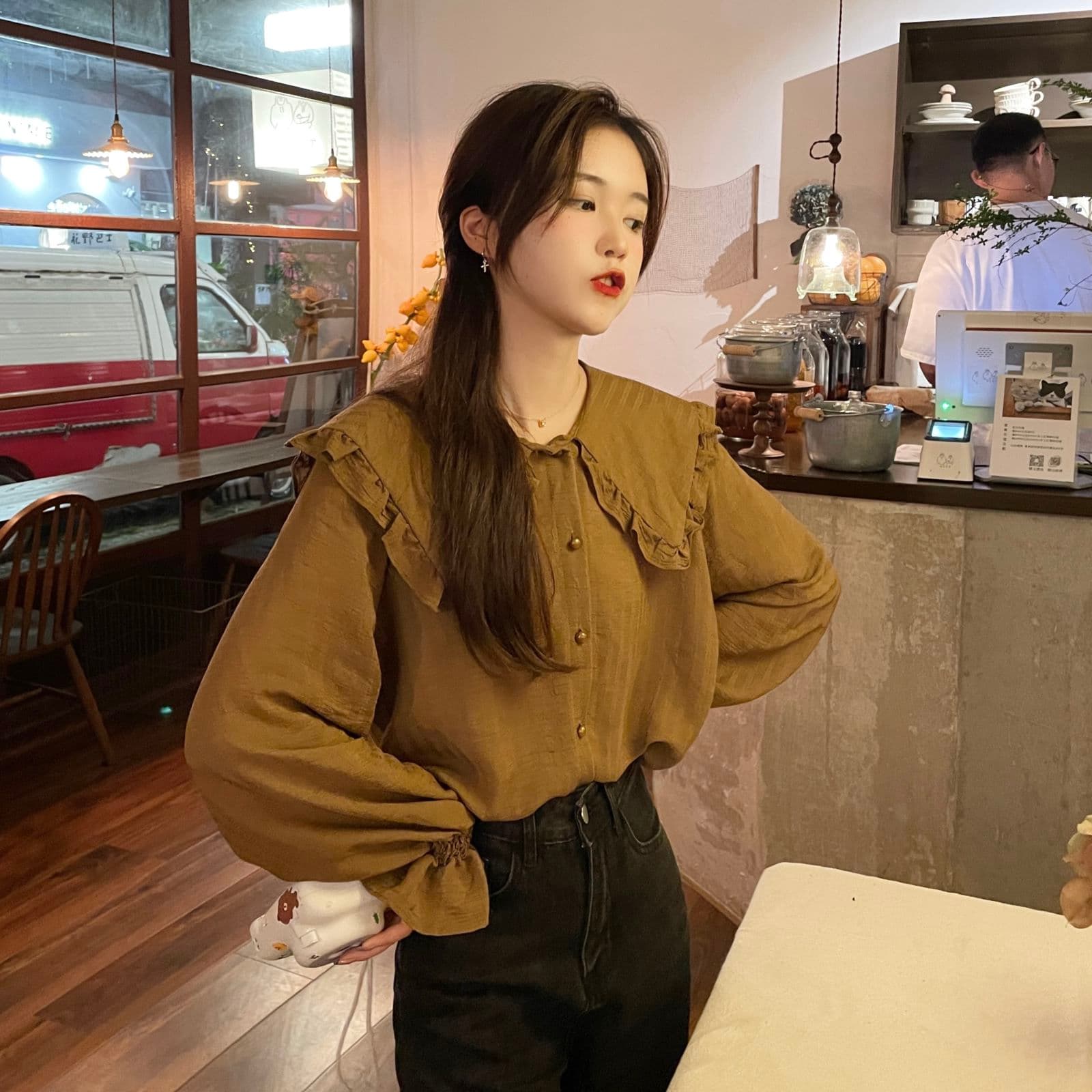 2026 이른 가을 빅 사이즈 여성 의류 프랑스식 베이비 칼라 단색 셔츠 인사이드 가져 가라. 긴팔 셔츠 m-4xl200 근 상세 이미지 3