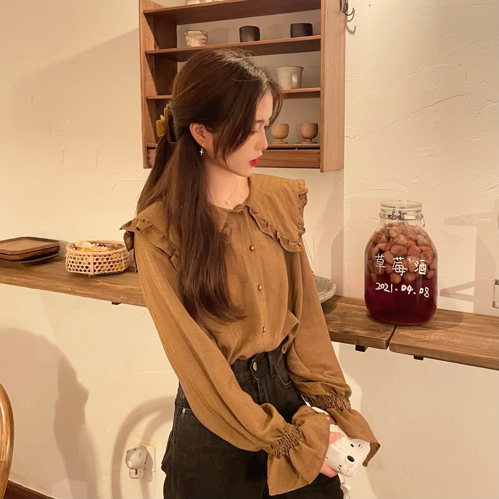 2026 이른 가을 빅 사이즈 여성 의류 프랑스식 베이비 칼라 단색 셔츠 인사이드 가져 가라. 긴팔 셔츠 m-4xl200 근 상세 이미지 4