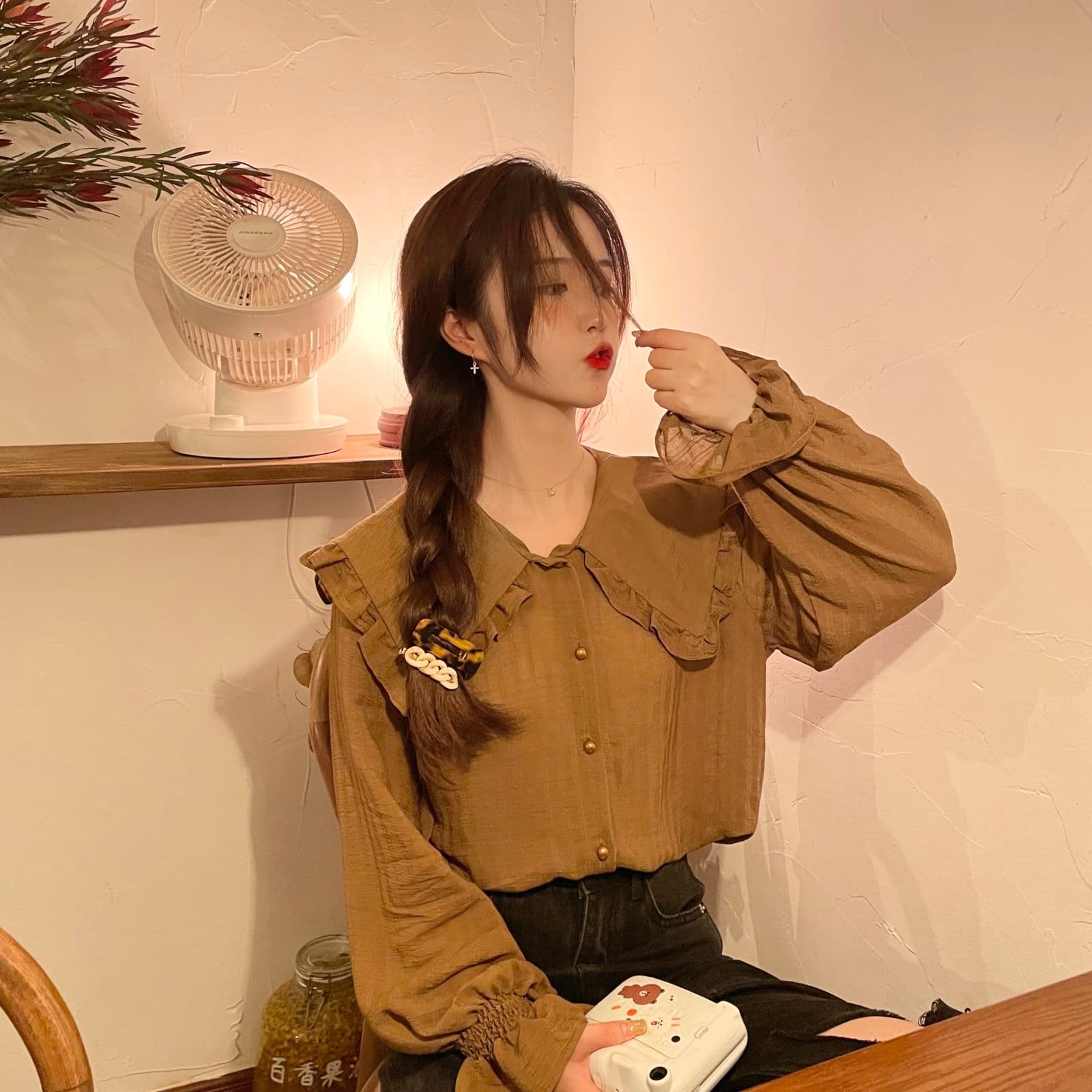 2026 이른 가을 빅 사이즈 여성 의류 프랑스식 베이비 칼라 단색 셔츠 인사이드 가져 가라. 긴팔 셔츠 m-4xl200 근 상세 이미지 6