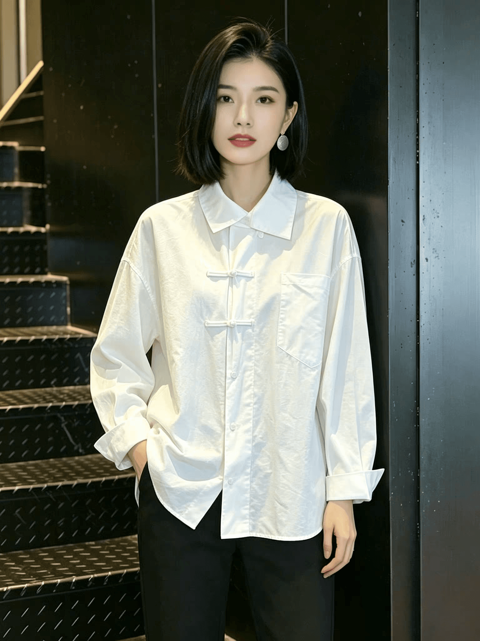 가을 의상 새로운 작은 대중 레트로 새로운 중식 빛 국풍 단추 긴팔 여성 셔츠 인사이드 가져 가라. 기본 셔츠 맨위 이미지 3