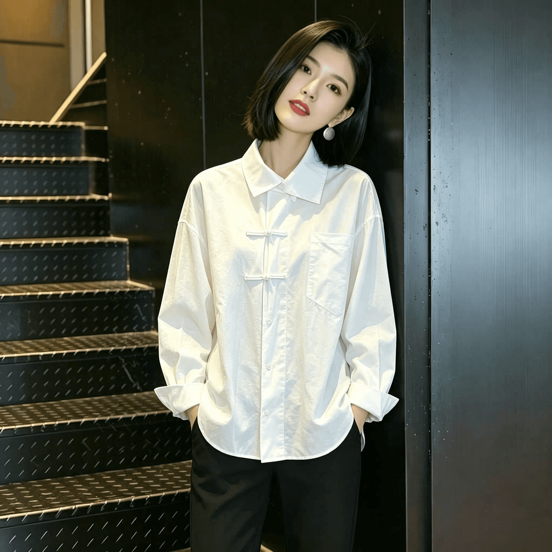 가을 의상 새로운 작은 대중 레트로 새로운 중식 빛 국풍 단추 긴팔 여성 셔츠 인사이드 가져 가라. 기본 셔츠 맨위