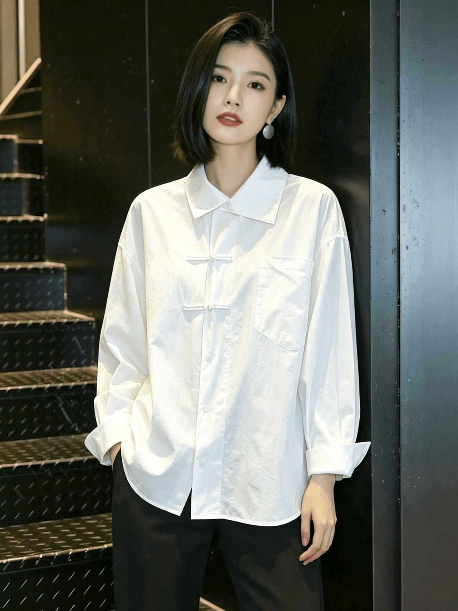 가을 의상 새로운 작은 대중 레트로 새로운 중식 빛 국풍 단추 긴팔 여성 셔츠 인사이드 가져 가라. 기본 셔츠 맨위 상세 이미지 6