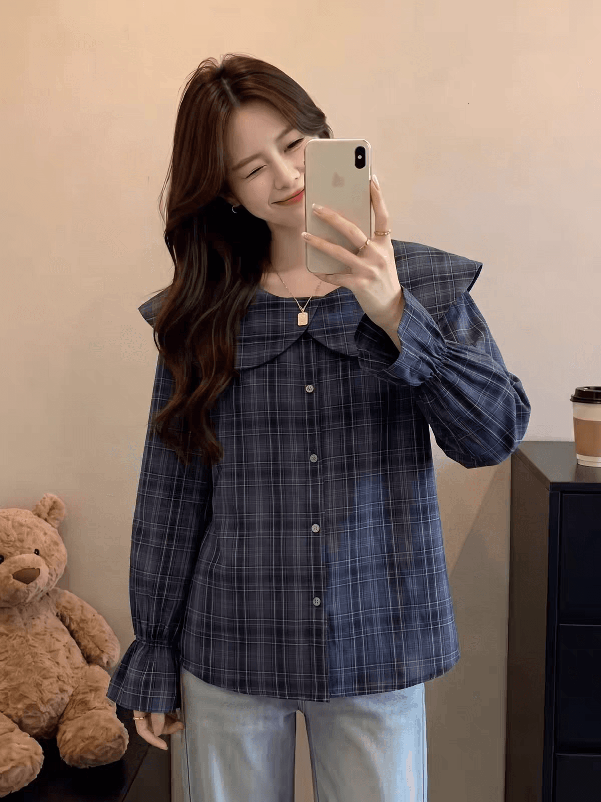 가을 의상 새로운 자이언트 잘 생긴 ~ 중 레트로 체크무늬 한 부서 착용 가져 가라. 오프숄더 프릴 칼라 긴팔 셔츠 작은 셔츠 맨위 상세 이미지 8