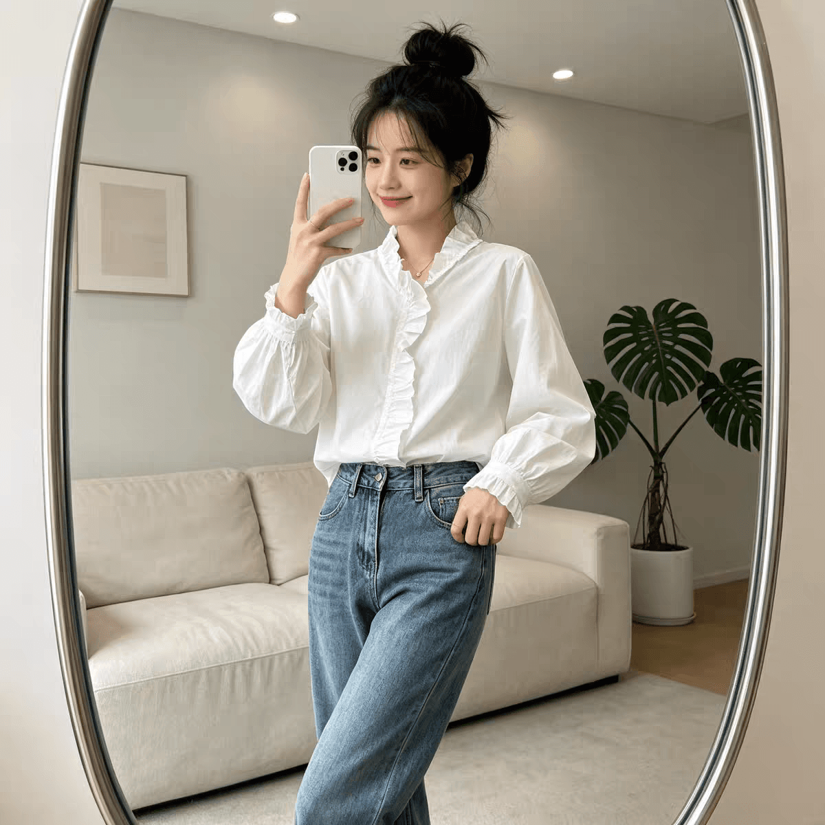 가을 의상 새로운 빅 사이즈 프랑스식 프릴 V넥 순면 긴팔 셔츠 고유 한 아름다운 느긋한 바람 고유 한 작은 셔츠 상세 이미지 3