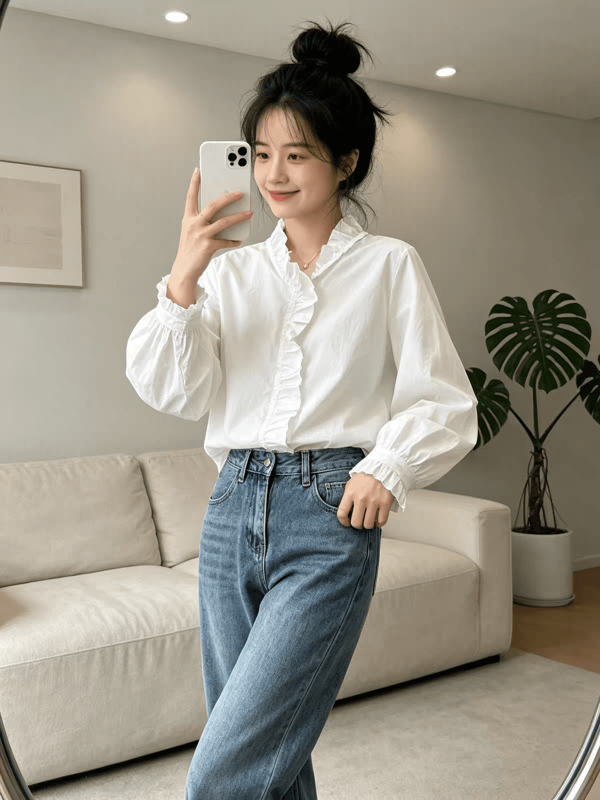 가을 의상 새로운 빅 사이즈 프랑스식 프릴 V넥 순면 긴팔 셔츠 고유 한 아름다운 느긋한 바람 고유 한 작은 셔츠 상세 이미지 5