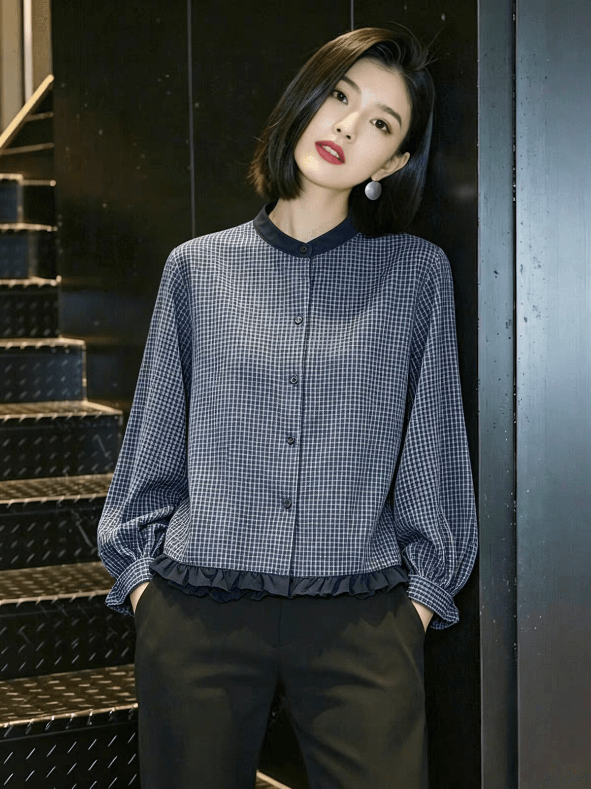 가을 의상 새로운 한 부서 착용 가져 가라. 자이언트 잘 생긴 ~ 중 작은 격자 라운드 넥 긴팔 셔츠 프릴 쇼트 스타일 작은 셔츠 맨위 상세 이미지 5
