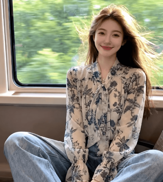 가을 의상 새로운 슬림해 보이는 쉬폰 출퇴근 바람 꽃무늬 리본 셔츠 디자인 센스 긴팔 레이스업 맨위 슈퍼 잘 생긴