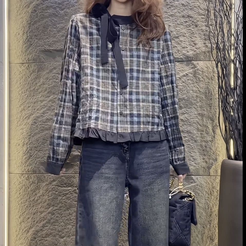 가을 의상 새로운 한 부서 레트로 스타일 체크무늬 맨위 라운드 넥 디자인 캐주얼 패션 셔츠 상세 이미지 3