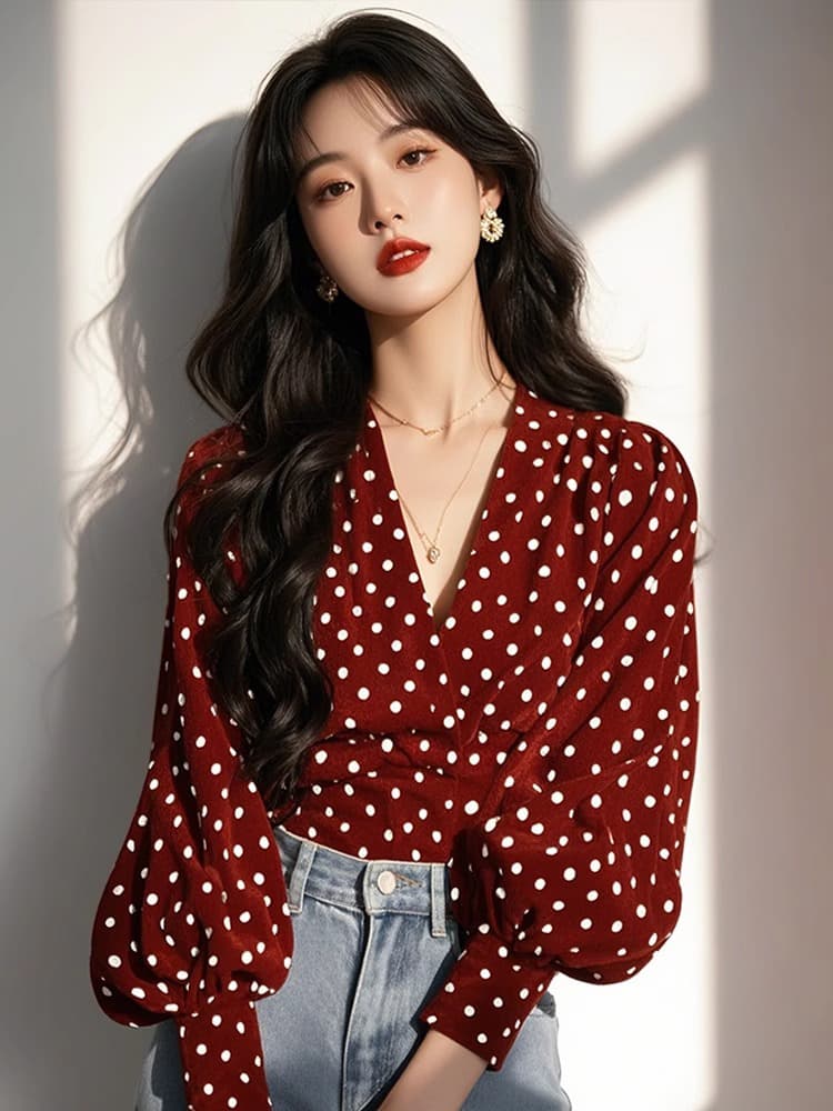 가을 의상 새로운 도트 무늬 프랑스식 작은 대중 디자인 Chic 목 꽃 품격 긴팔 셔츠 셔츠 맨위 상세 이미지 4