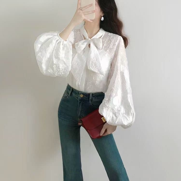 가을 의상 새로운 프랑스식 우아함 아름다운 품격 고급 질감 센스 레이스업 나비 매듭 셔츠 다용도 레트로 맨위 상세 이미지 5