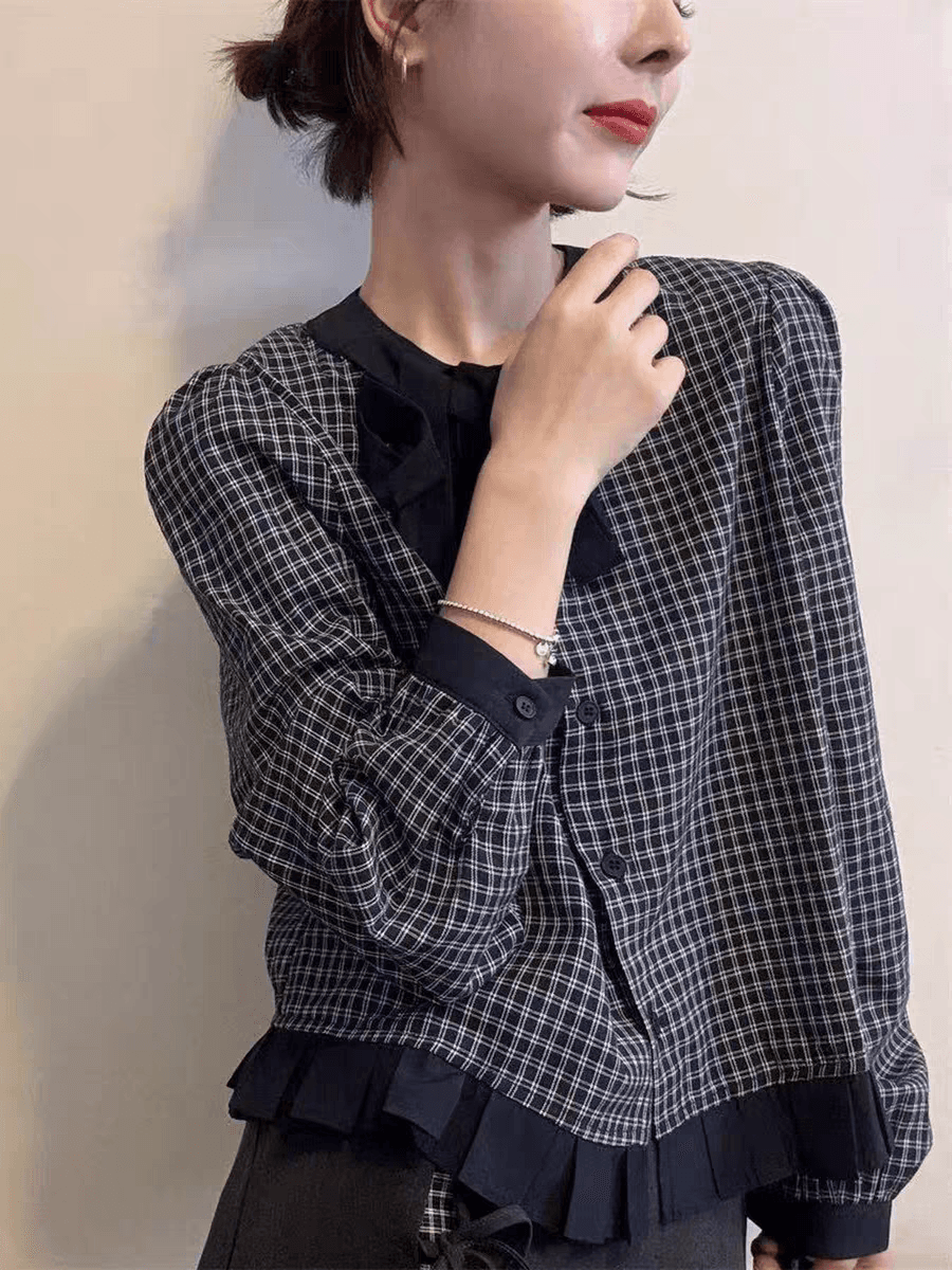 가을 의상 새로운 프랑스식 레트로 스타일 레이스업 나비 넥타이 격자 무늬 셔츠 디자인 센스 외국 가스 연령 감소 맨위 이미지 4
