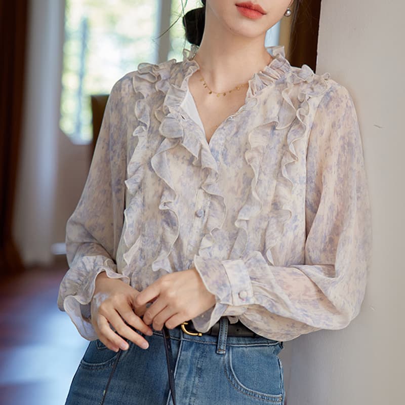 가을 의상 새로운 블루 보라색 프릴 프린트 셔츠 프랑스식 레트로 긴팔 품격 디자인 센스 맨위