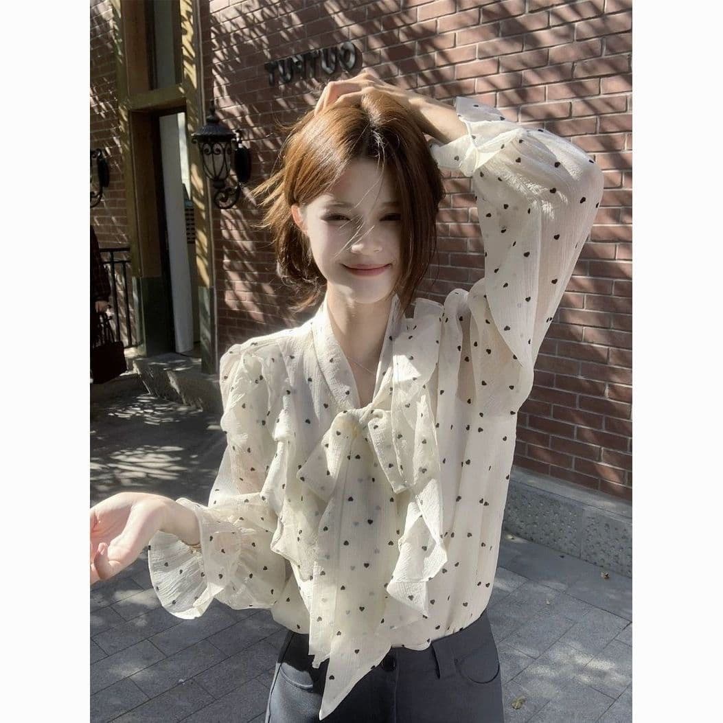 가을 의상 새로운 프랑스식 고급 센스 프릴 도트 무늬 셔츠 디자인 센스 스트랩 루즈핏 Chic 맨위 이미지 3