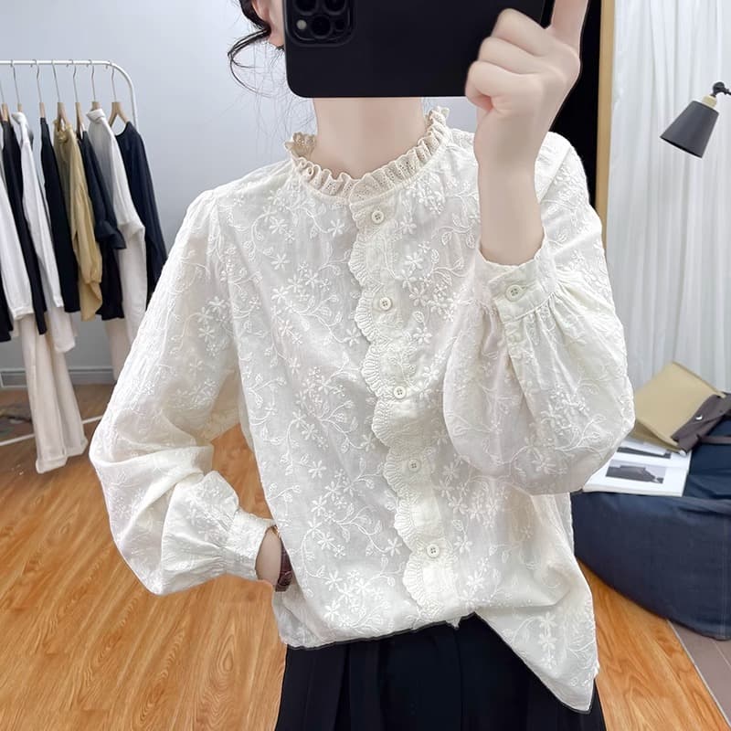 가을 의상 새로운 한국 순면 레이스 칼라 레이스 자수 긴팔 셔츠 여성 셔츠 패션 셔츠 이미지 4