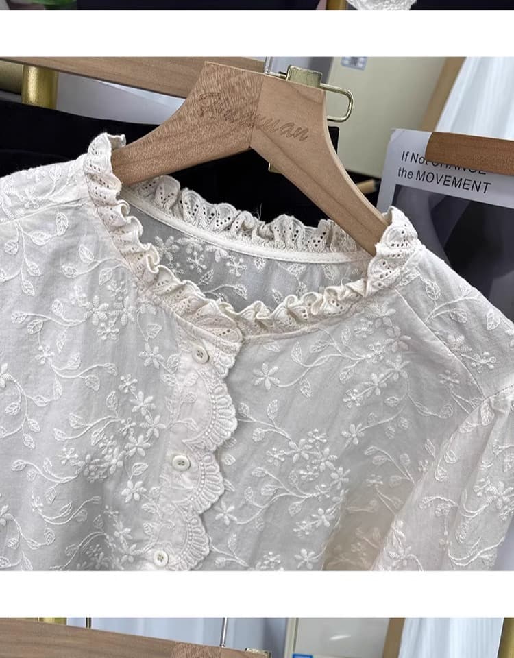 가을 의상 새로운 한국 순면 레이스 칼라 레이스 자수 긴팔 셔츠 여성 셔츠 패션 셔츠 상세 이미지 11