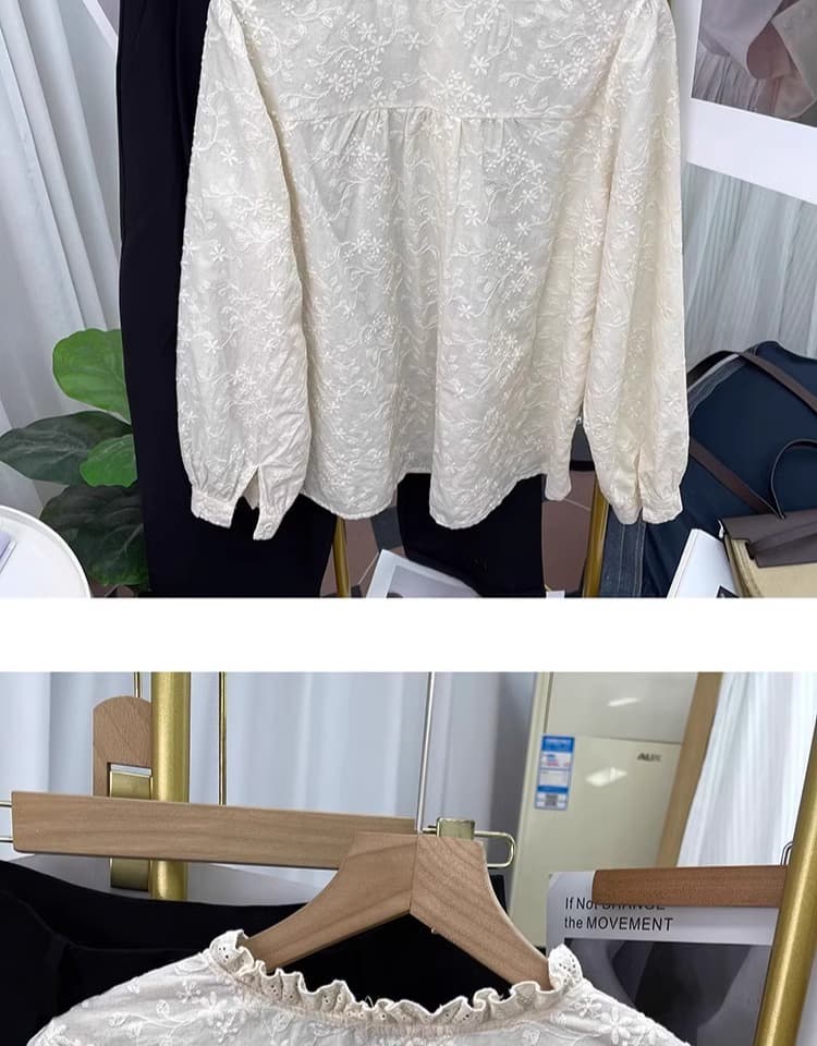 가을 의상 새로운 한국 순면 레이스 칼라 레이스 자수 긴팔 셔츠 여성 셔츠 패션 셔츠 상세 이미지 13