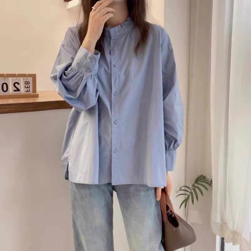 가을 의상 새로운 고급 센스 서리가 내린 부서 파란색 셔츠 지방 mm 슬림해 보이는 표지 배 프릴 품격 고유 한 맨위 상세 이미지 4