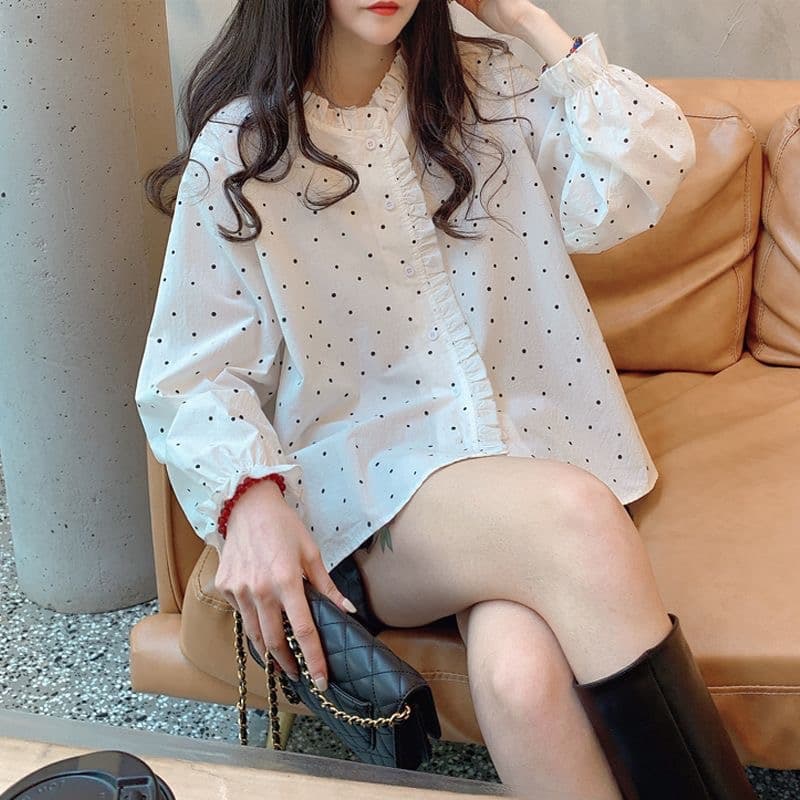 가을 의상 새로운 흰색 배경 작은 점들 셔츠 디자인 센스 작은 대중 한 스타일 출퇴근 달콤함 목이버섯 레이스 긴팔 맨위 이미지 2