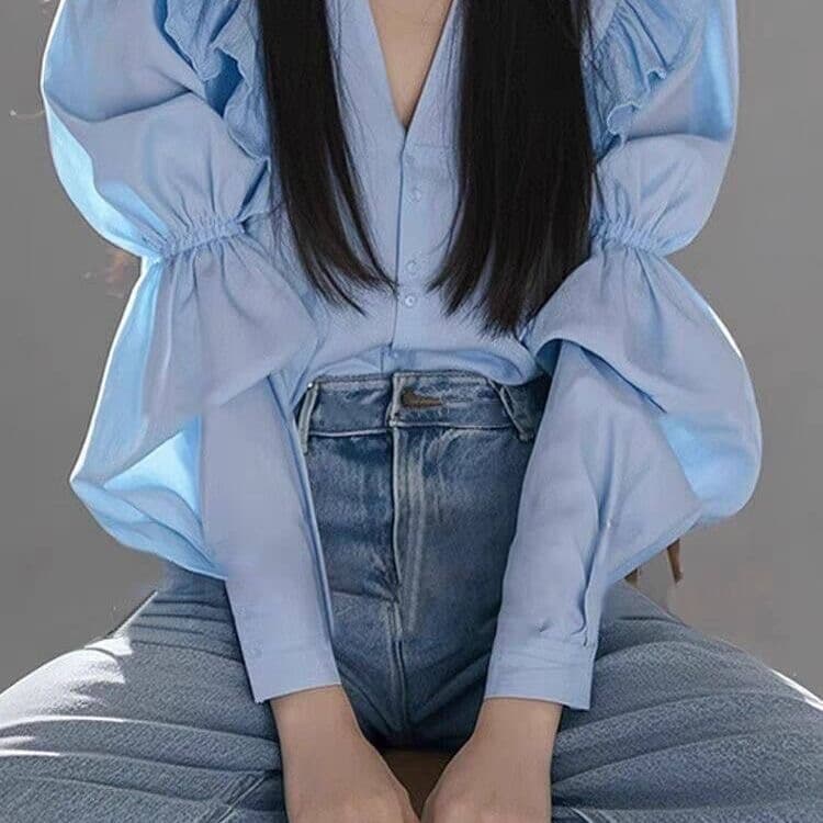 가을 의상 새로운 프랑스식 파란색 V넥 긴팔 여성 셔츠 고유 한 아름다운 작은 셔츠 디자인 센스 루즈핏 긴팔 맨위 상세 이미지 6