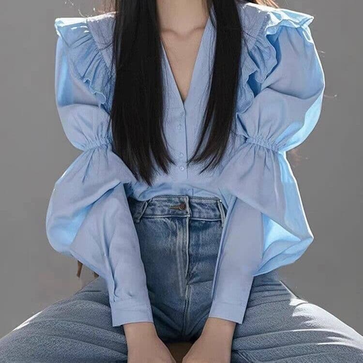 가을 의상 새로운 프랑스식 파란색 V넥 긴팔 여성 셔츠 고유 한 아름다운 작은 셔츠 디자인 센스 루즈핏 긴팔 맨위 상세 이미지 7
