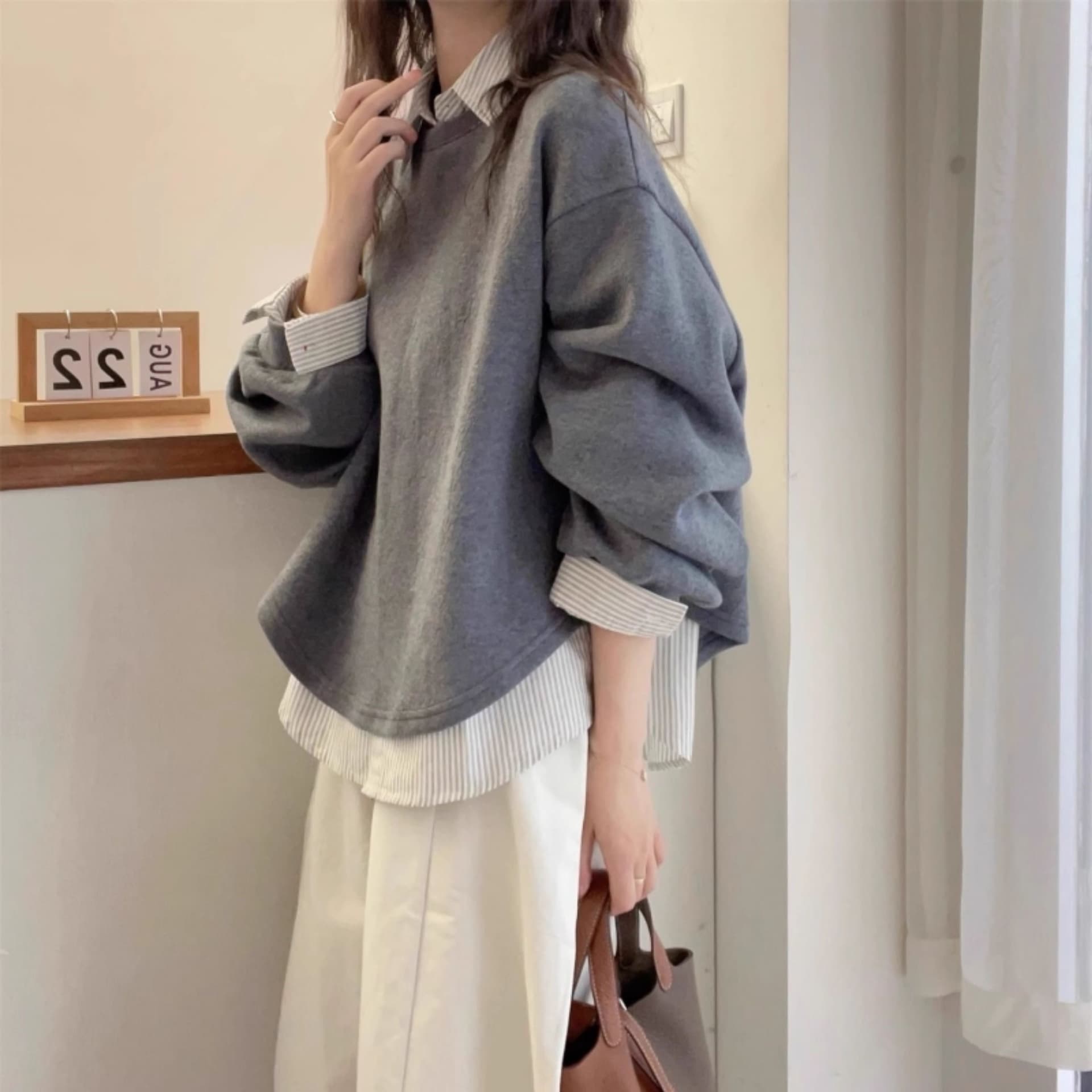 가을 의상 새로운 후드티 페이크 레이어드 후드티 여성 chic 착용 가져 가라. 빅 사이즈 지방 mm 슬림해 보이는 긍정적 인 어깨 의류 이미지 4