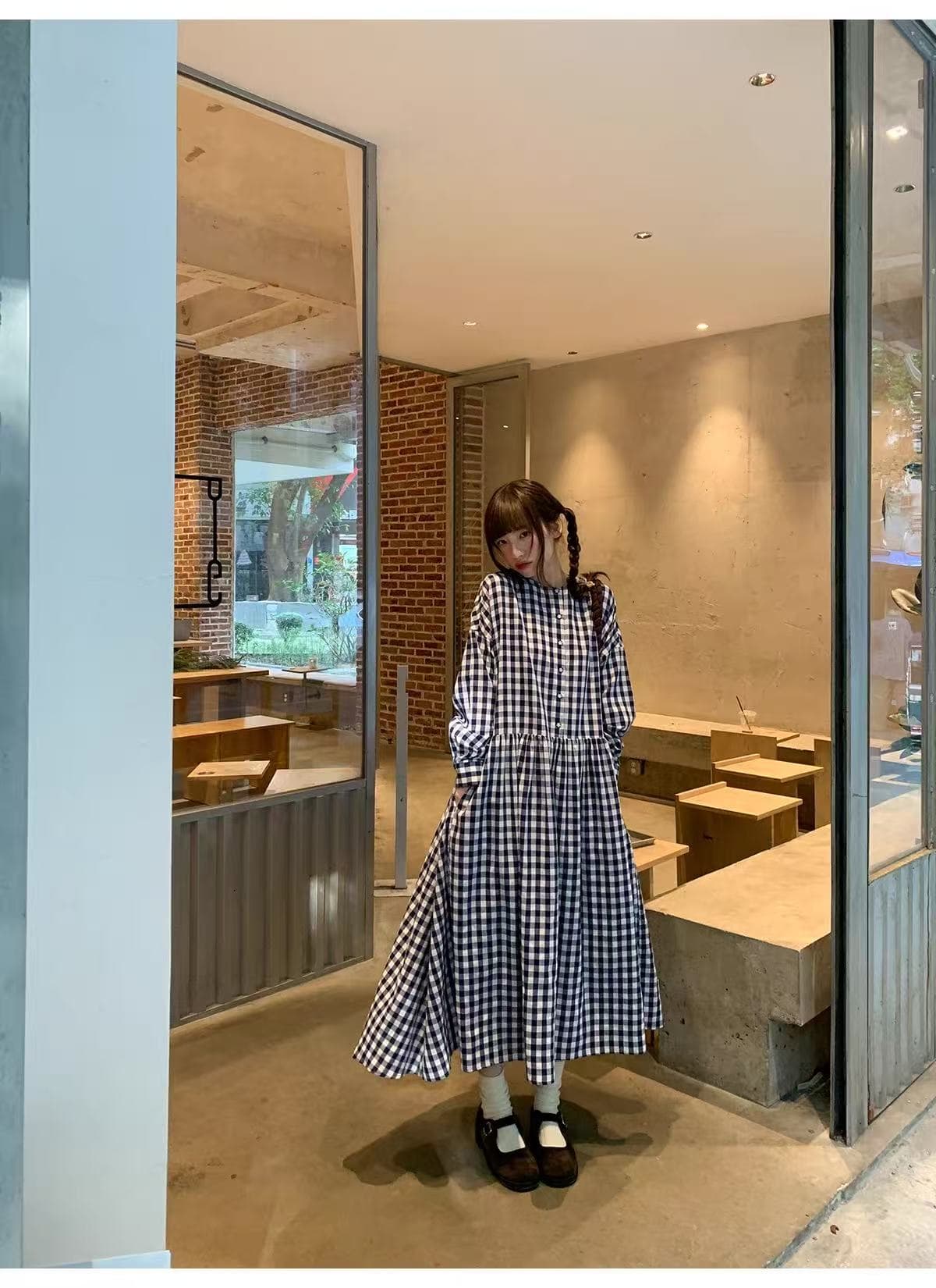 가을 의상 새로운 빅 사이즈 여성 의류 일본식 체크무늬 라운드 넥 여성 드레스 품격 슬림해 보이는 허리 수축 길다 치마 상세 이미지 16