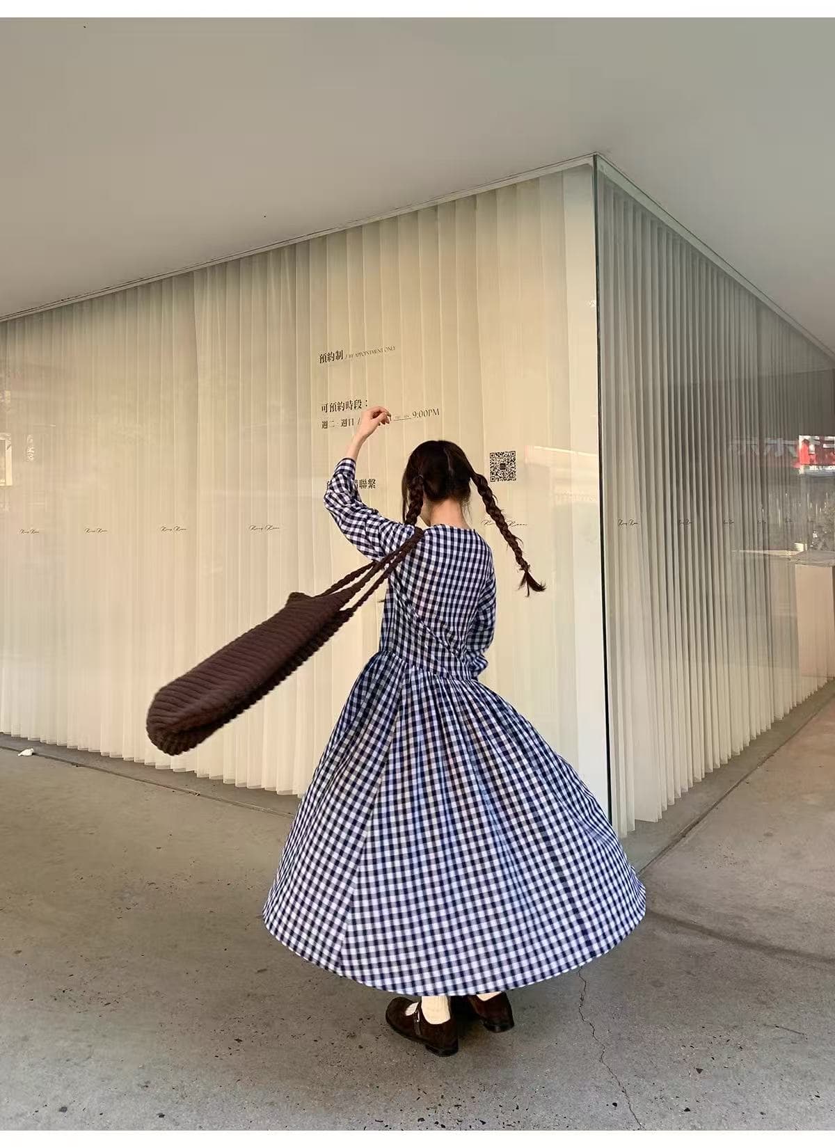 가을 의상 새로운 빅 사이즈 여성 의류 일본식 체크무늬 라운드 넥 여성 드레스 품격 슬림해 보이는 허리 수축 길다 치마 상세 이미지 19