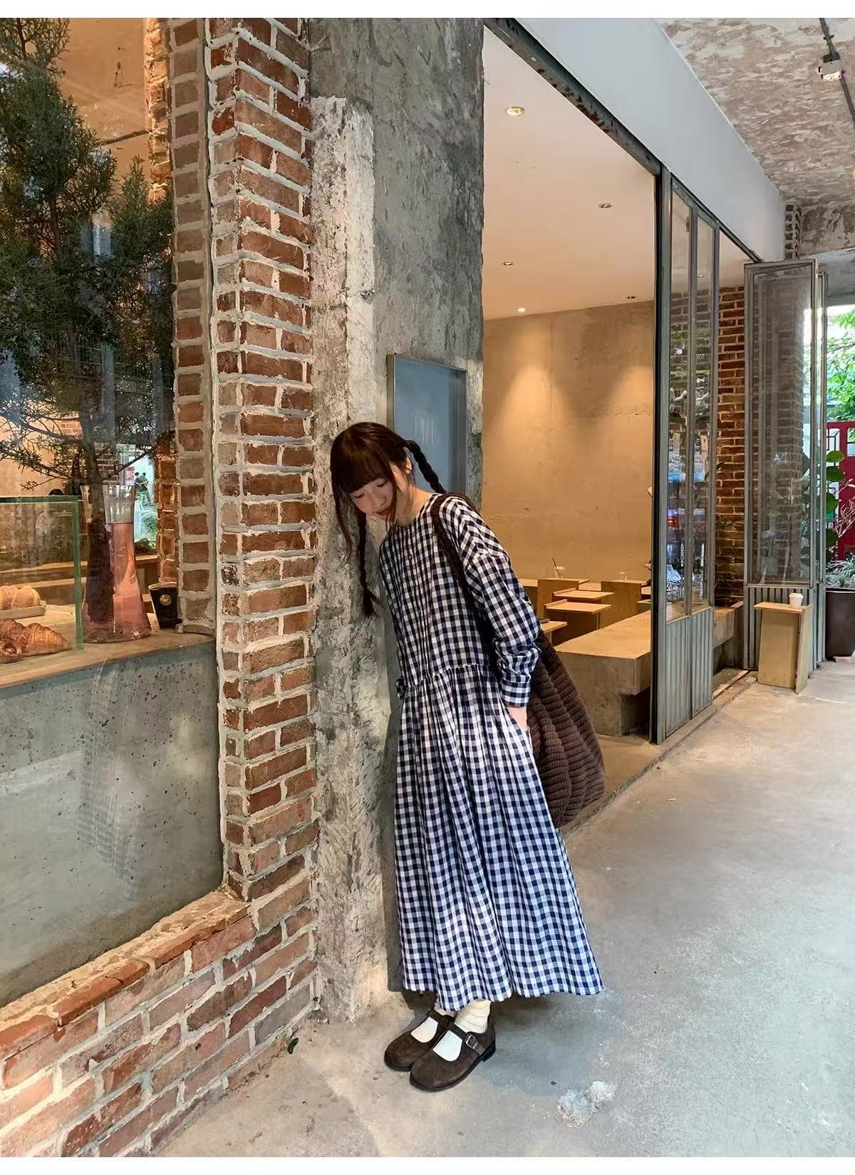 가을 의상 새로운 빅 사이즈 여성 의류 일본식 체크무늬 라운드 넥 여성 드레스 품격 슬림해 보이는 허리 수축 길다 치마 상세 이미지 24