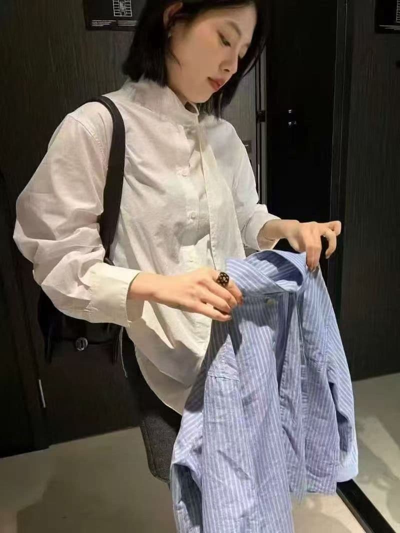 가을 의상 새로운 빅 사이즈 한국 고급 센스 파란색 스트라이프 셔츠 여성 긴 소매 루즈핏 외국 가스 슈퍼 잘 생긴 맨위 트렌디 상세 이미지 10