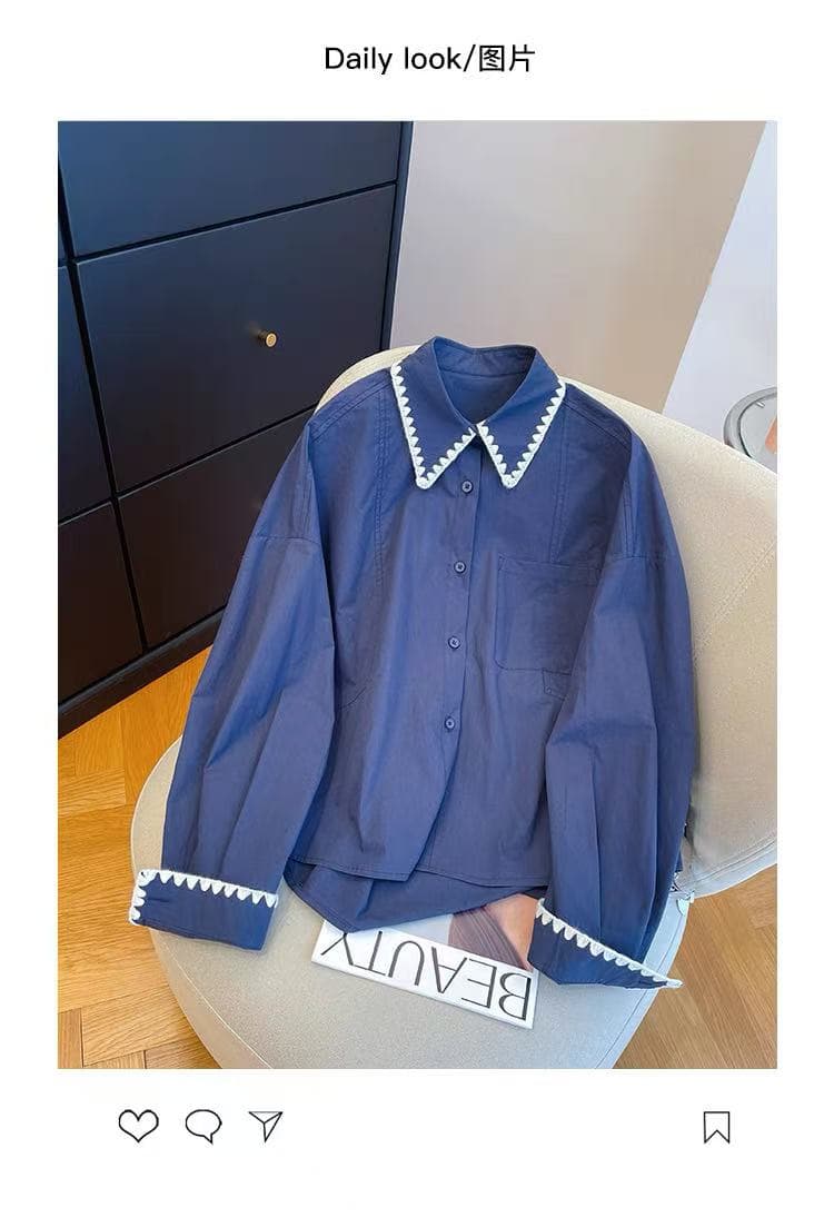 가을 의상 새로운 한국 스타일 자수 배색 패치워크 폴로 칼라 긴팔 여성 셔츠 연령 감소 루즈핏 슬림해 보이는 셔츠 맨위 상세 이미지 14