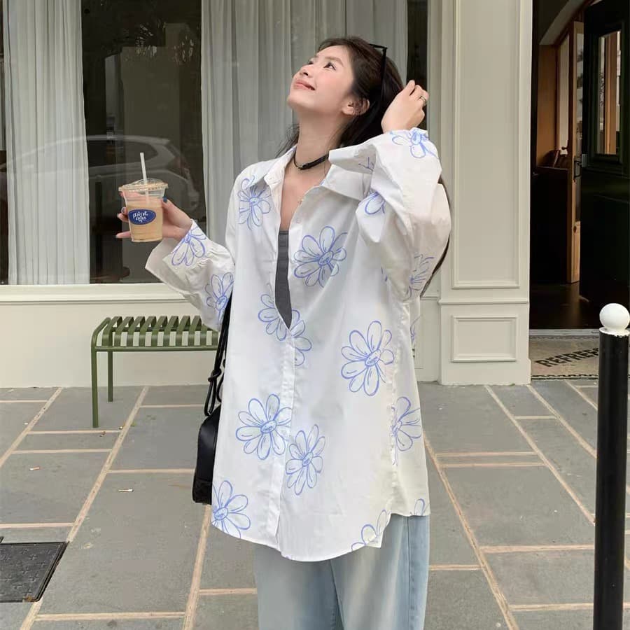 가을 의상 새로운 한국 스타일 느긋한 디자인 센스 프린트 긴팔 화이트 미니멀리즘 셔츠 루즈핏 다용도 자외선 차단 맨위 이미지 2