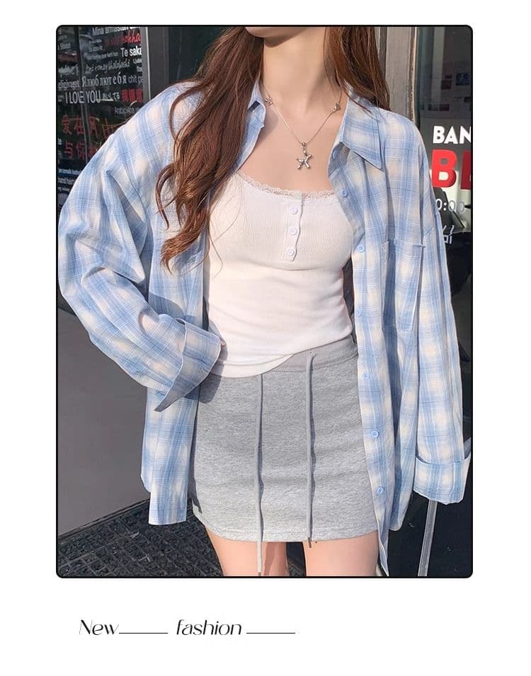 가을 의상 새로운 파란색 체크무늬 자외선 차단 셔츠 느긋한 캐주얼 루즈핏 긴팔 다용도 셔츠 디자인 맨위 재킷 상세 이미지 4
