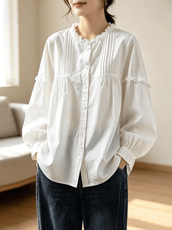 가을 의상 새로운 빅 사이즈 여성 의류 레트로 일본식 파란색 프릴 셔츠 루즈핏 품격 장기 Pleat 긴팔 맨위 상세 이미지 6