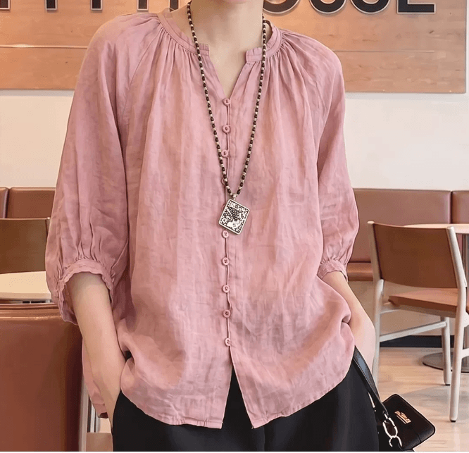 가을 의상 새로운 빅 사이즈 여성 의류 프랑스식 패션 문예 셔츠 단색 다용도 캐주얼 통기성 아마 맨위