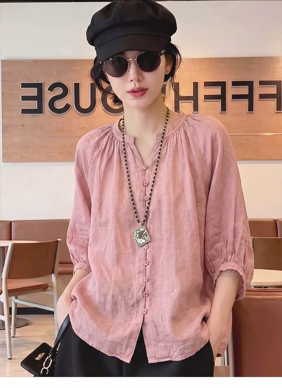 가을 의상 새로운 빅 사이즈 여성 의류 프랑스식 패션 문예 셔츠 단색 다용도 캐주얼 통기성 아마 맨위 이미지 3
