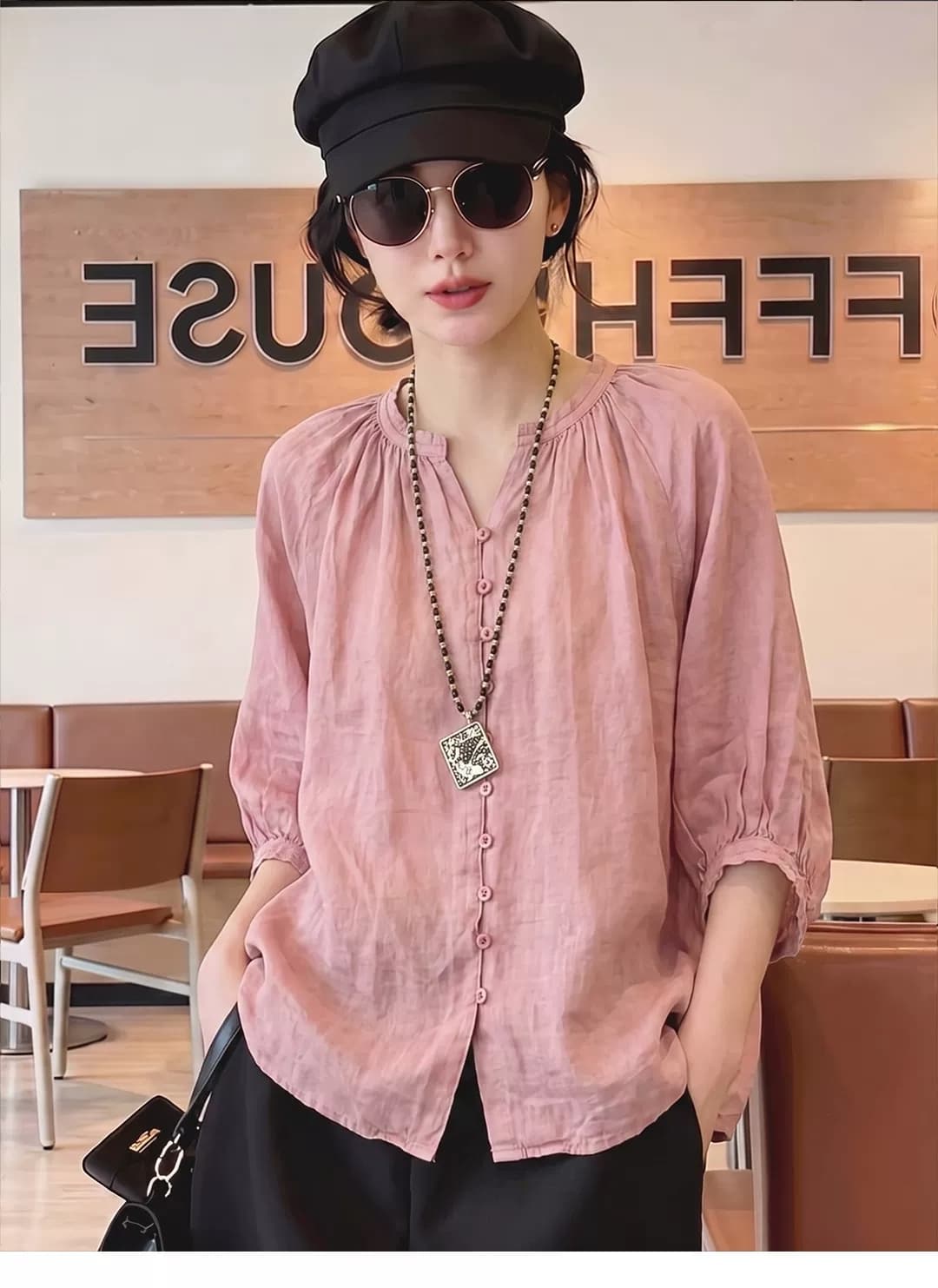 가을 의상 새로운 빅 사이즈 여성 의류 프랑스식 패션 문예 셔츠 단색 다용도 캐주얼 통기성 아마 맨위 상세 이미지 6