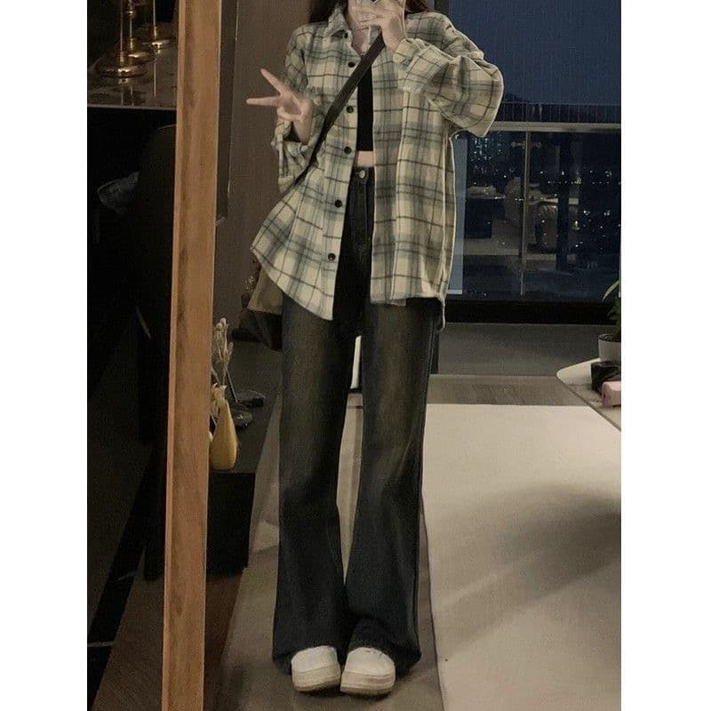 가을 의상 새로운 빅 사이즈 여성 의류 격자 무늬 셔츠 디자인 센스 프랑스식 셔츠 긴팔 켜기 상세 이미지 7