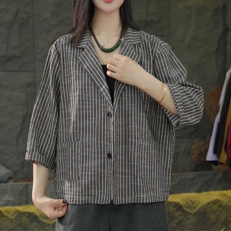 가을 의상 새로운 스트라이프 작은 양복 여성 코트 얇은 스타일 문예 레트로 루즈핏 캐주얼 9부 소매 오픈 가디건 맨위 이미지 5