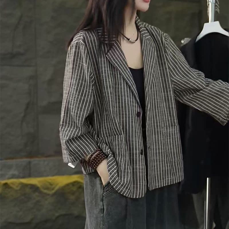 가을 의상 새로운 스트라이프 작은 양복 여성 코트 얇은 스타일 문예 레트로 루즈핏 캐주얼 9부 소매 오픈 가디건 맨위 상세 이미지 4