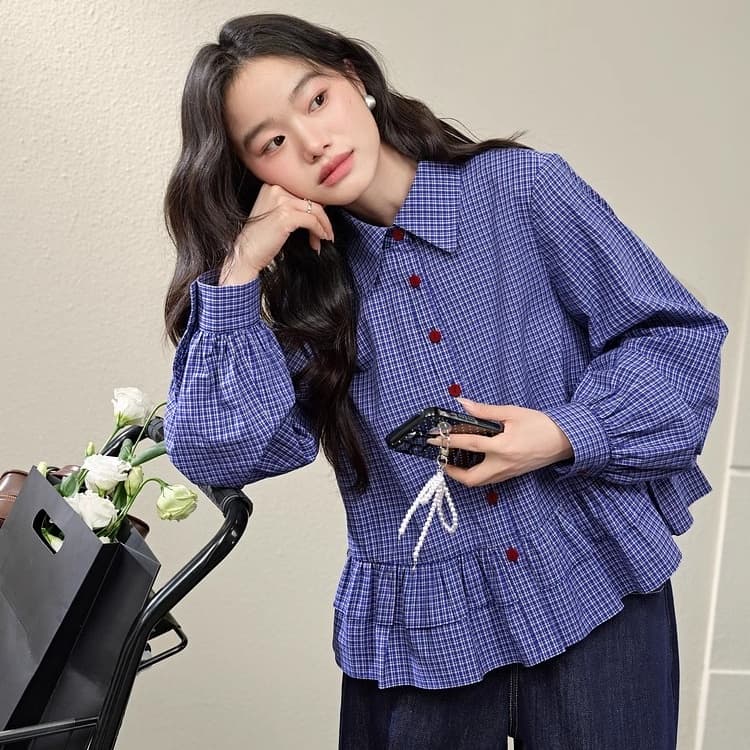 가을 의상 새로운 miu 부서 파란색 체크무늬 여성 셔츠 프릴 긴팔 셔츠 맨위 상세 이미지 6