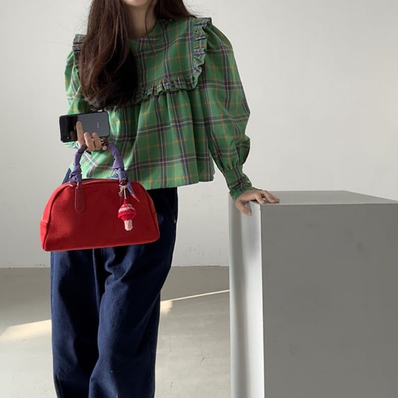 가을 의상 새로운 한국 chic 레트로 프릴 디자인 체크무늬 캐주얼 루즈핏 긴팔 인형 셔츠 셔츠 맨위 이미지 3