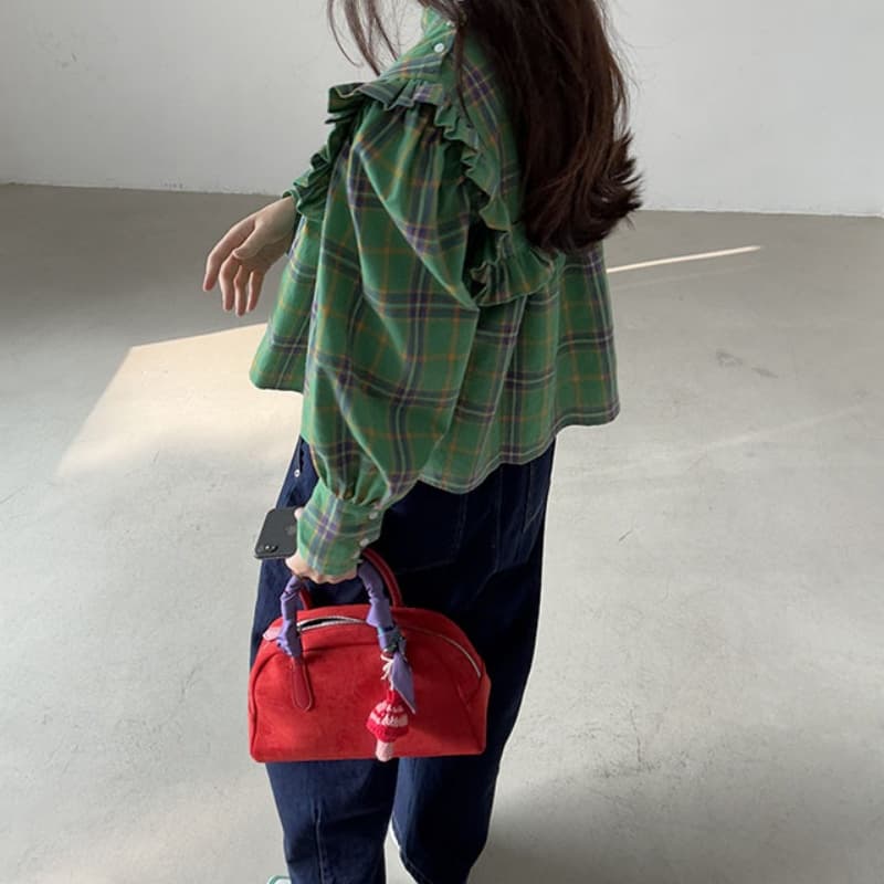 가을 의상 새로운 한국 chic 레트로 프릴 디자인 체크무늬 캐주얼 루즈핏 긴팔 인형 셔츠 셔츠 맨위 상세 이미지 8