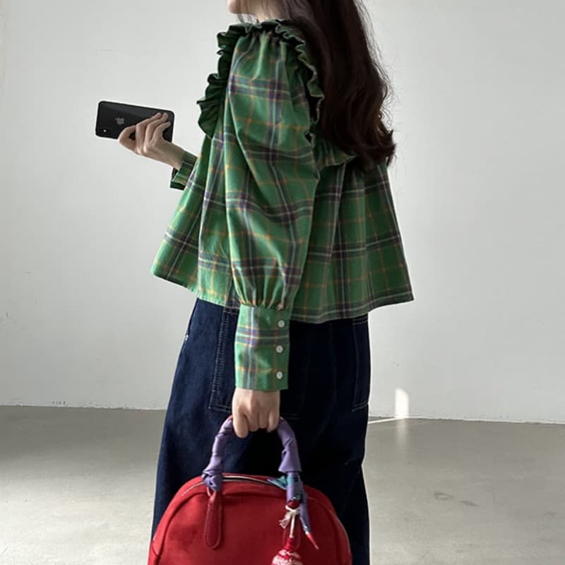 가을 의상 새로운 한국 chic 레트로 프릴 디자인 체크무늬 캐주얼 루즈핏 긴팔 인형 셔츠 셔츠 맨위 상세 이미지 9