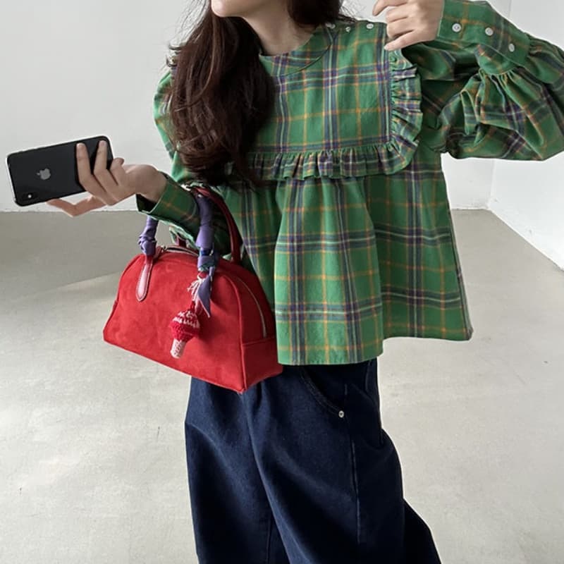 가을 의상 새로운 한국 chic 레트로 프릴 디자인 체크무늬 캐주얼 루즈핏 긴팔 인형 셔츠 셔츠 맨위 상세 이미지 17