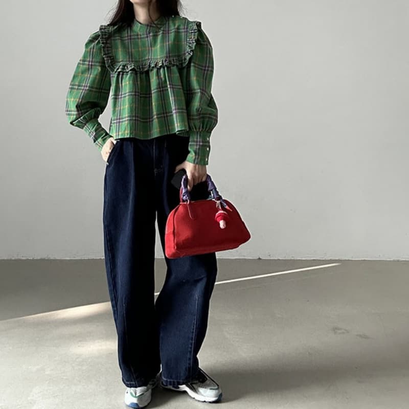 가을 의상 새로운 한국 chic 레트로 프릴 디자인 체크무늬 캐주얼 루즈핏 긴팔 인형 셔츠 셔츠 맨위 상세 이미지 25