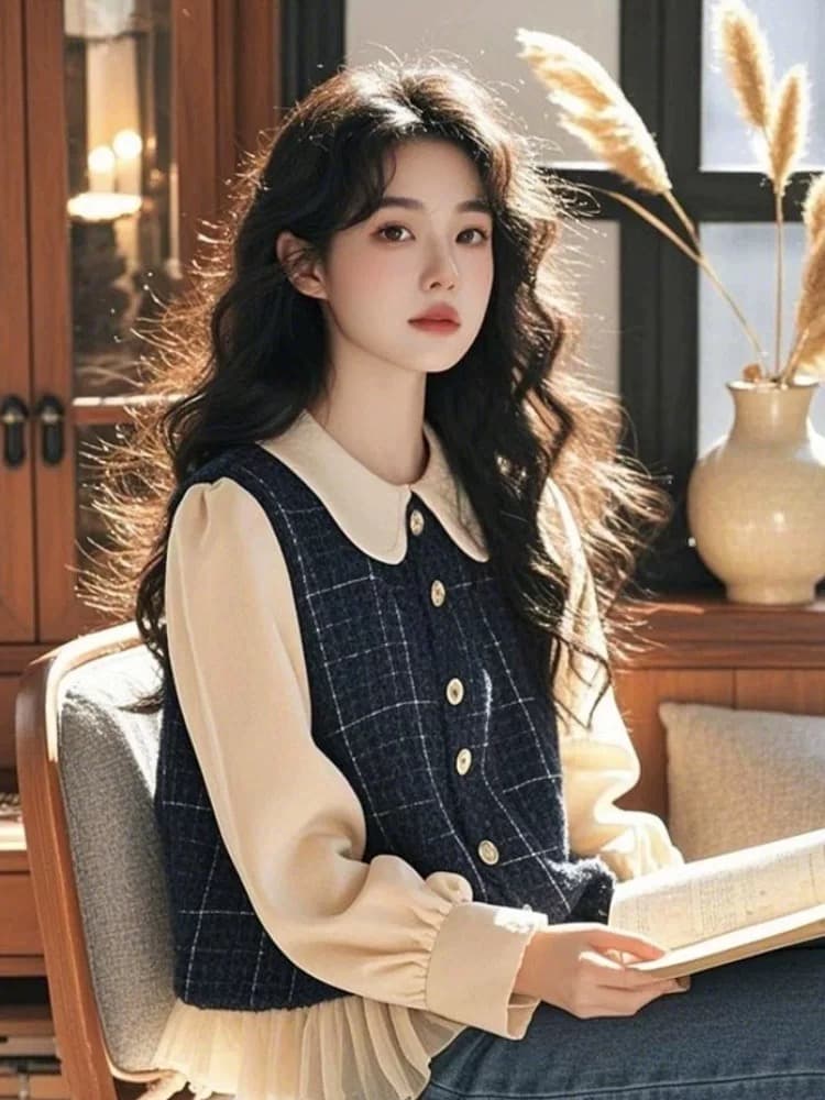 가을 의상 새로운 레트로 체크무늬 페이크 레이어드 셔츠 여성 긴 소매 베이비 칼라 아름다운 아름다운 슈퍼 잘 생긴 고유 한 맨위 이미지 2