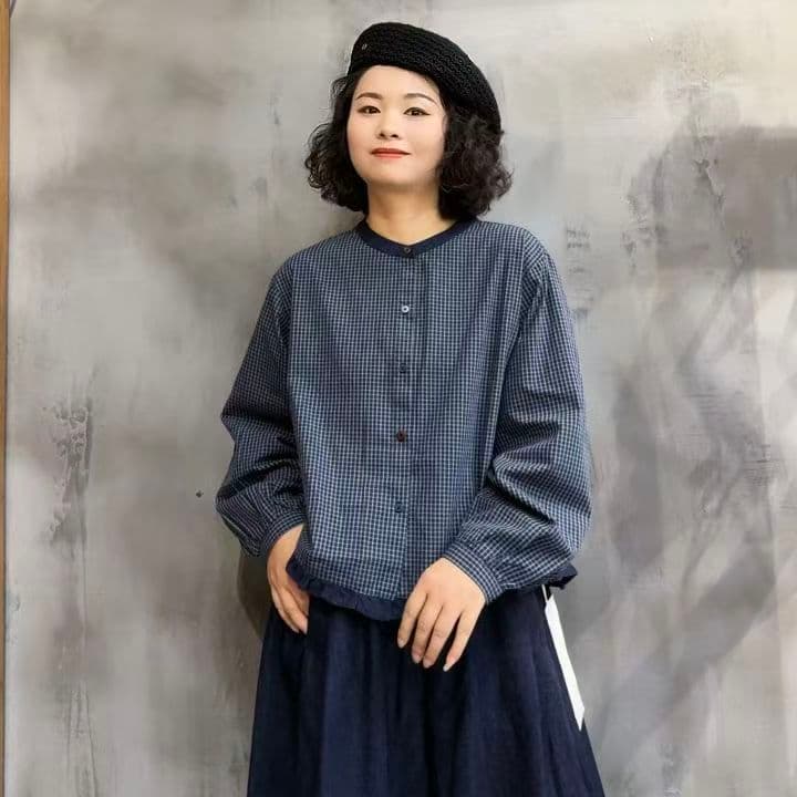 가을 의상 새로운 한 부서 착용 가져 가라. 자이언트 잘 생긴 ~ 중 작은 격자 라운드 넥 긴팔 셔츠 프릴 쇼트 스타일 작은 셔츠 맨위 상세 이미지 4